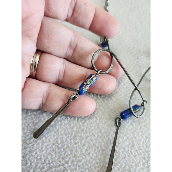 Artisan Handmade Sterling? Tribal Necklace Chandelier Dangle Blue Bead - Picture 4 of 9